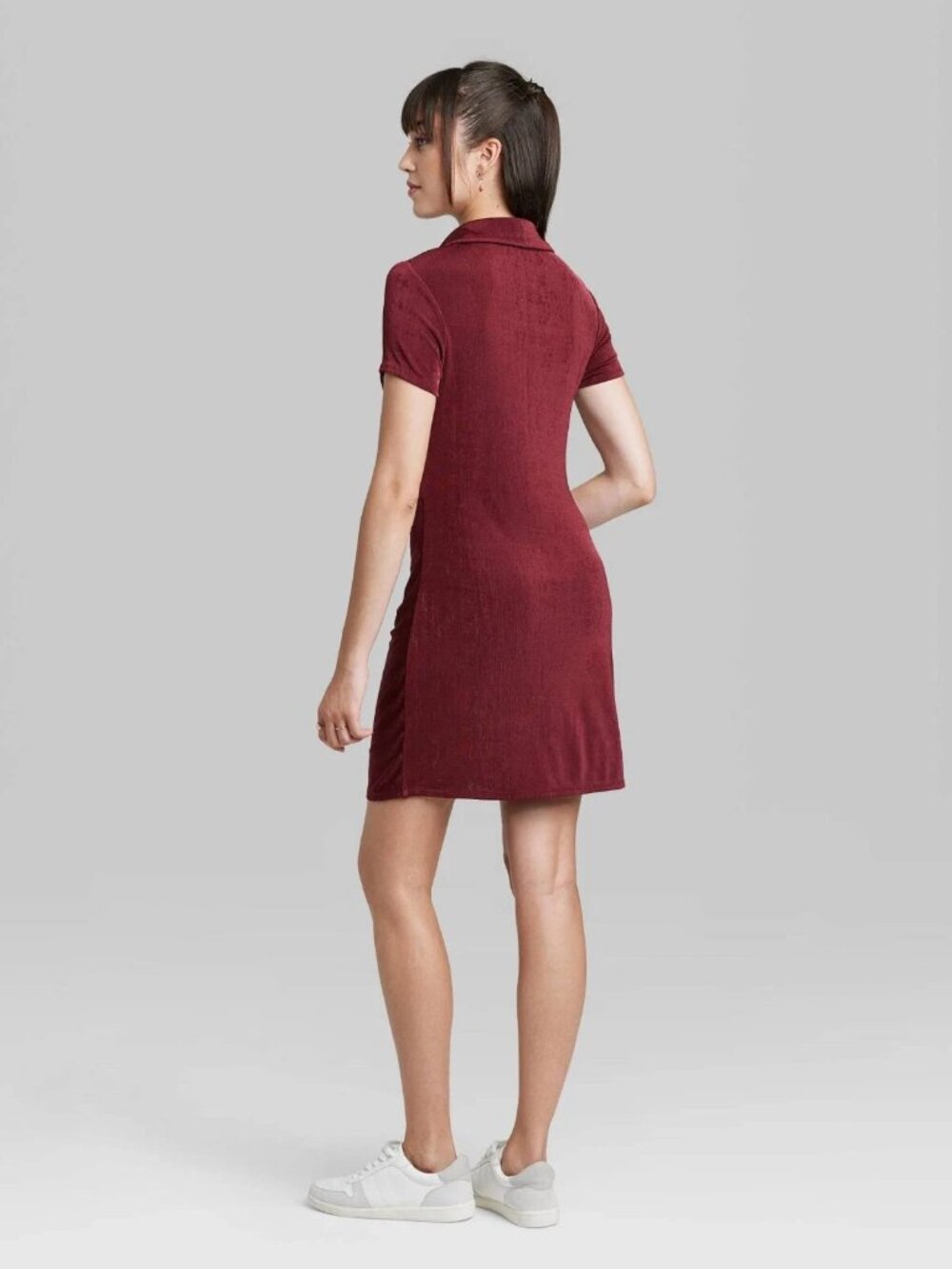 Wild Fable Berry Red Bodycon Dress Medium Ruched Button Front Stretch - Picture 3 of 7